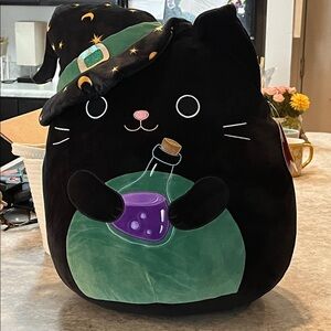 Plush Black Cat Toy with Green Witch Hat and Green Belly